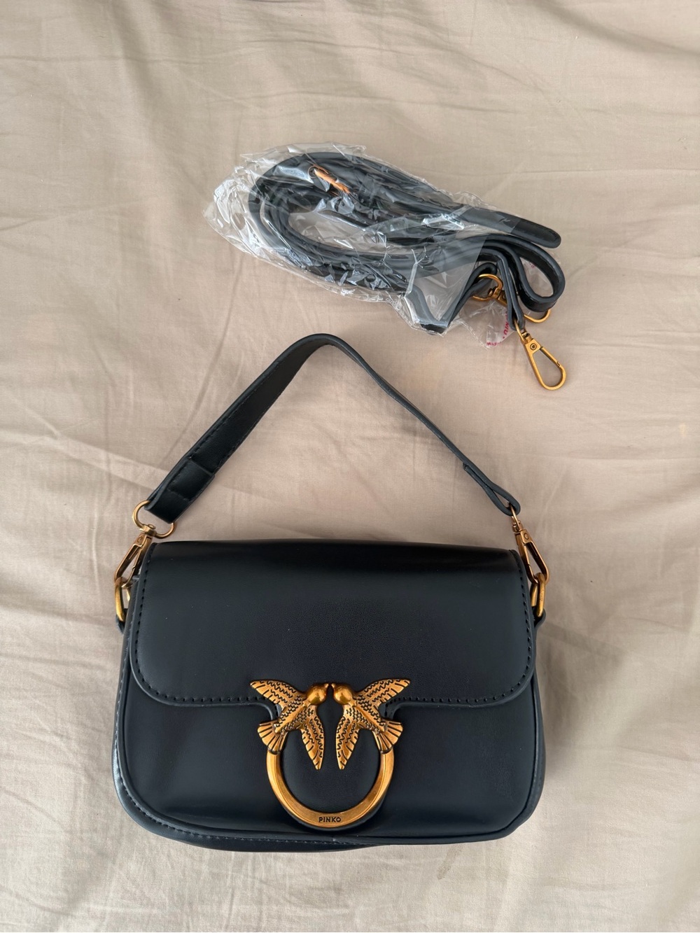 Pinko Black Leather Shoulder Bag with Gold Bird Ring Detail